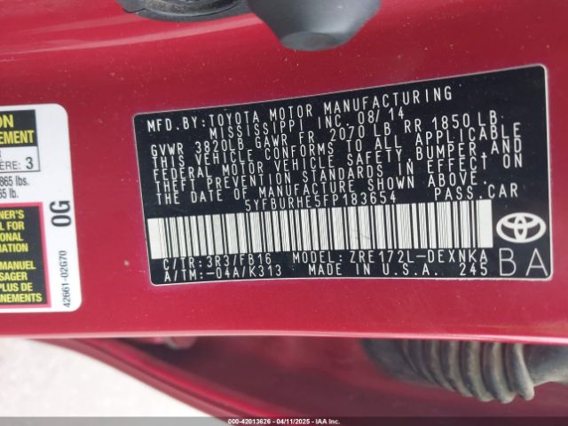 5YFBURHE5FP183654 Toyota Corolla Le Plus