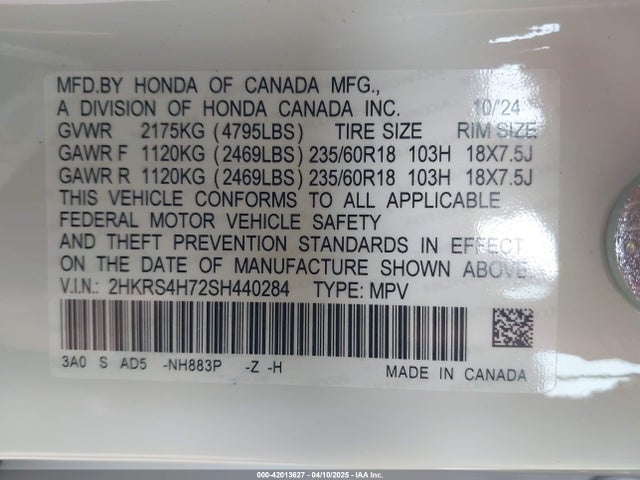2HKRS4H72SH440284 Honda Cr-v Ex-l Awd