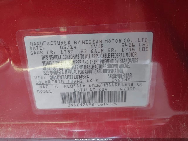 Nissan Versa 1.6 S+ 2015 3N1CN7AP2FL814524 Image 9