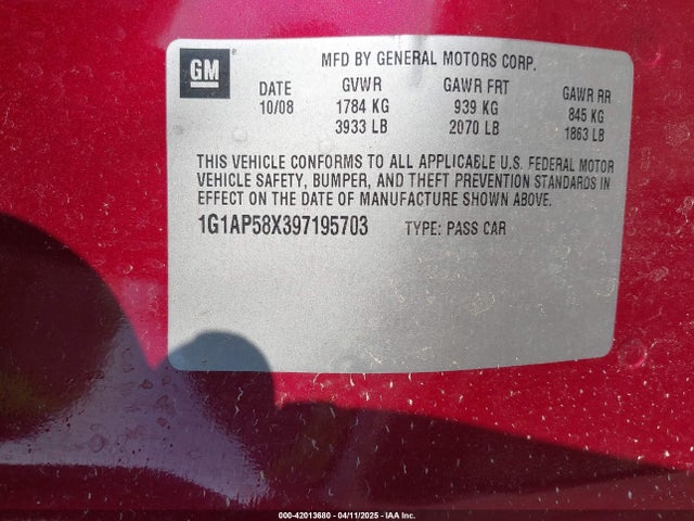 42013680 :رقم المزاد ، 1G1AP58X397195703 vin ، 2009 Chevrolet Cobalt Ss مزاد بيع