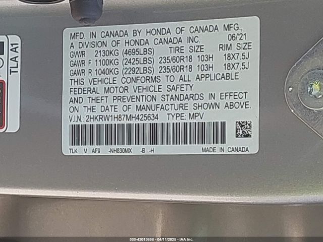 2HKRW1H87MH425634 Honda Cr-v 2wd Ex-l