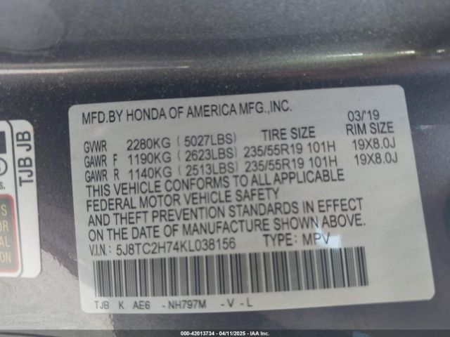 5J8TC2H74KL038156 Acura Rdx Advance Package