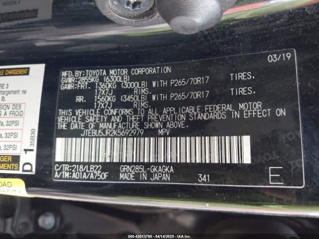 JTEBU5JR2K5692979 Toyota 4runner Sr5 Premium