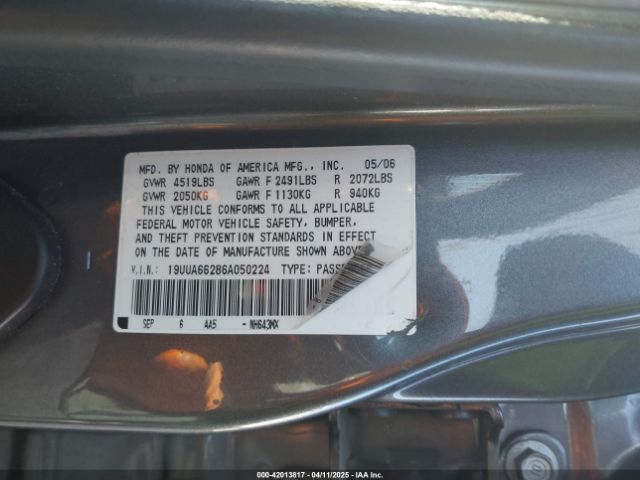 2006 ACURA TL 19UUA66286A050224 Photo 8
