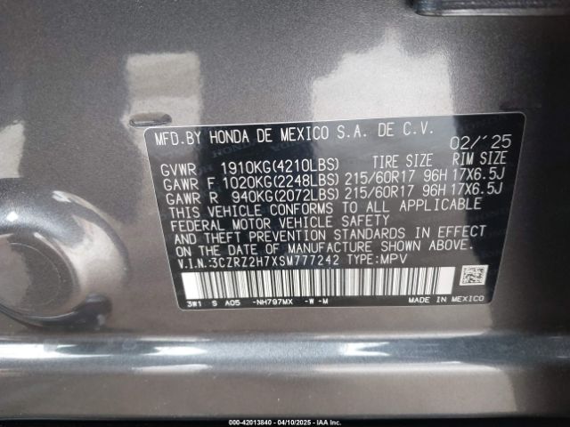 3CZRZ2H7XSM777242 Honda Hr-v Awd Ex-l