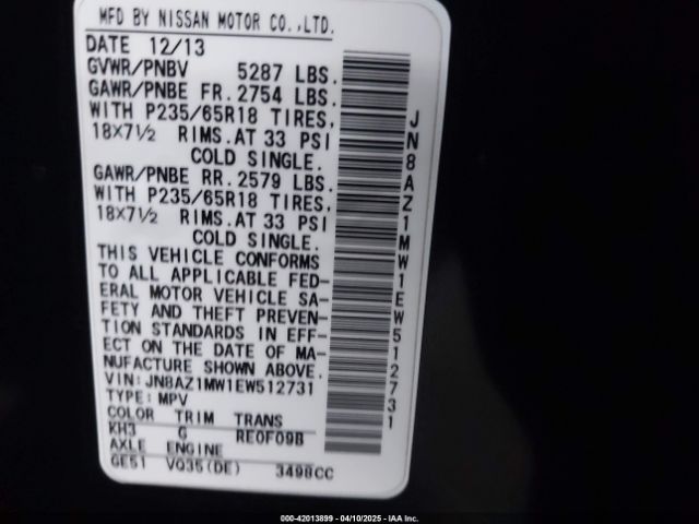 JN8AZ1MW1EW512731 Nissan MURANO SL