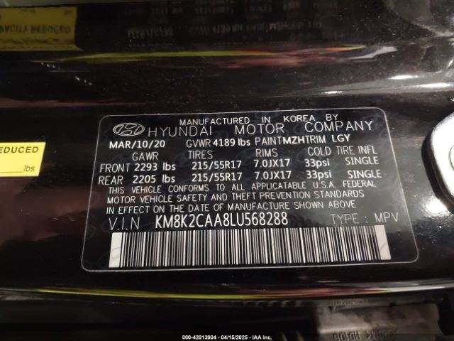 KM8K2CAA8LU568288 Hyundai Kona Sel