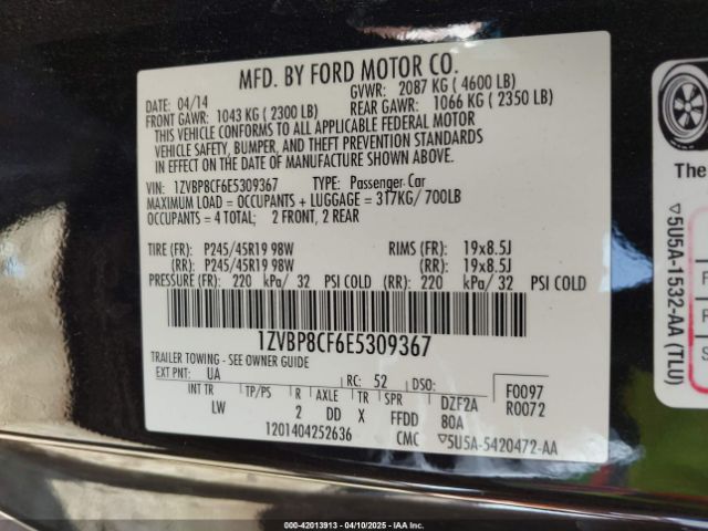 1ZVBP8CF6E5309367 Ford Mustang Gt Premium