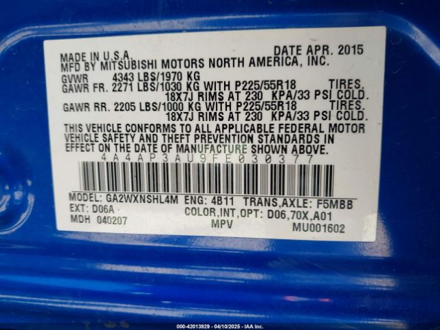 4A4AP3AU9FE030377 Mitsubishi Outlander Sport Es