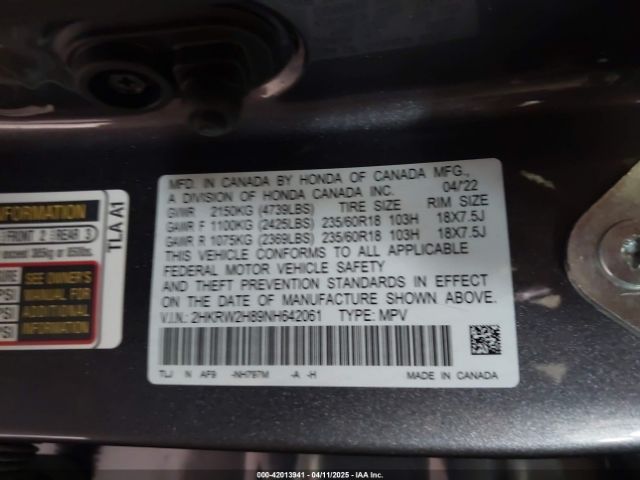 2HKRW2H89NH642061 Honda Cr-v Awd Ex-l