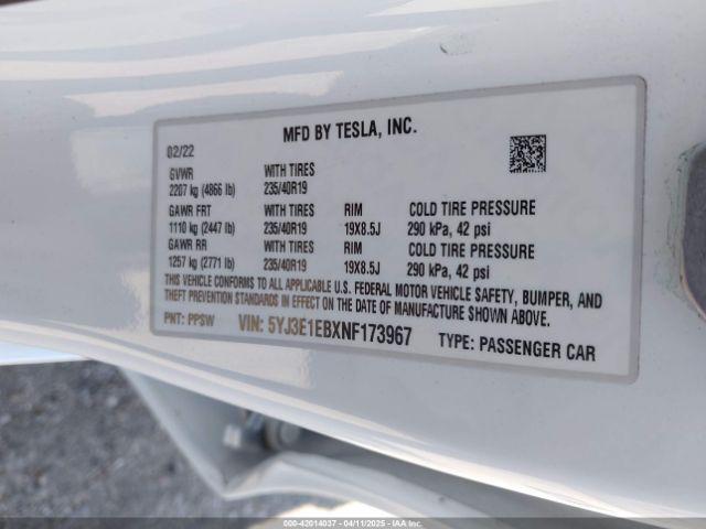 5YJ3E1EBXNF173967 Tesla Model 3 Long Range Dual Motor All-wheel Drive