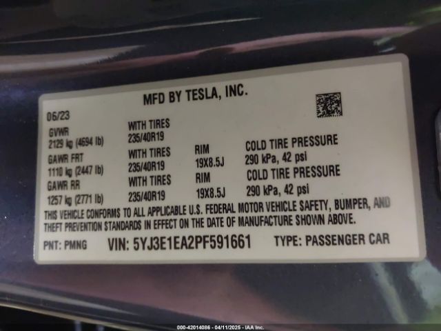 5YJ3E1EA2PF591661 Tesla Model 3 Rear-wheel Drive