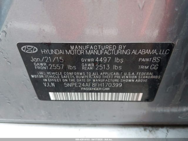 5NPE24AF8FH170399 Hyundai SONATA SE