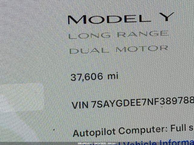 7SAYGDEE7NF389788 Tesla Model Y Long Range Dual Motor All-wheel Drive