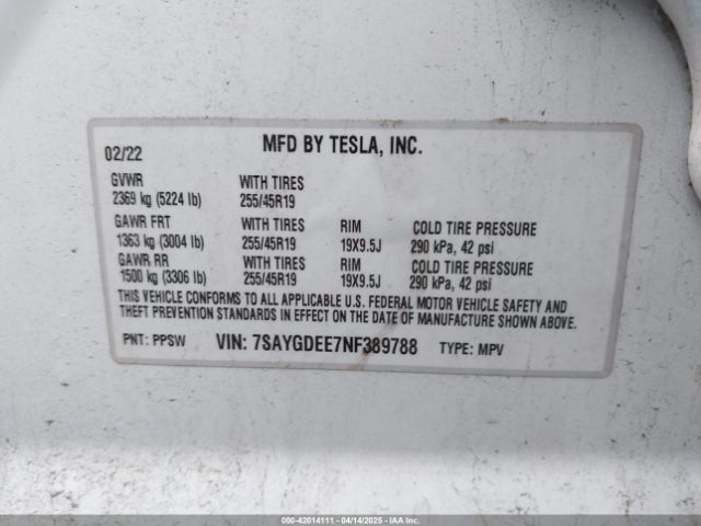 7SAYGDEE7NF389788 Tesla Model Y Long Range Dual Motor All-wheel Drive