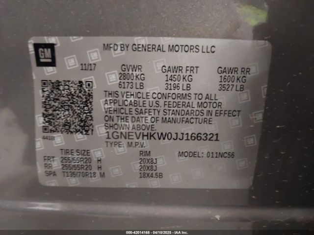 1GNEVHKW0JJ166321 Chevrolet Traverse 3lt
