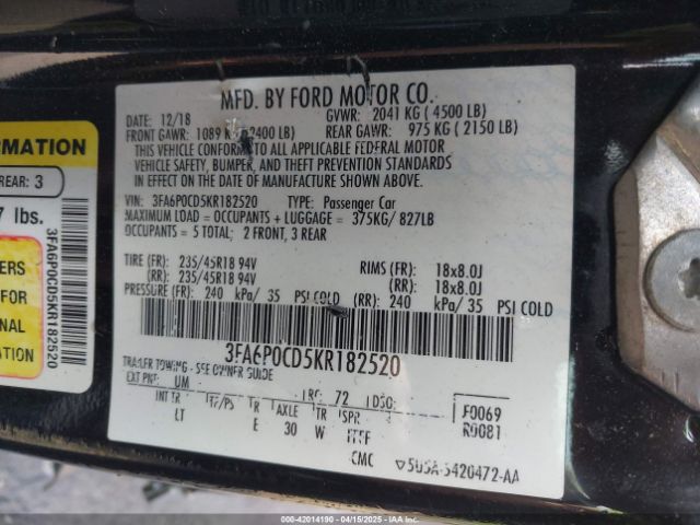 3FA6P0CD5KR182520 Ford FUSION SEL
