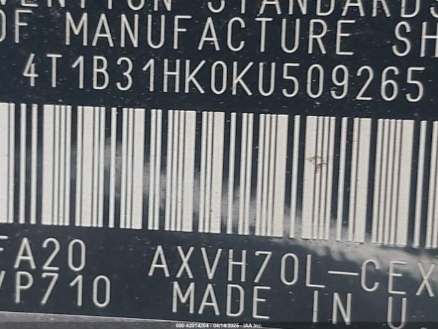4T1B31HK0KU509265 Toyota Camry Hybrid Le