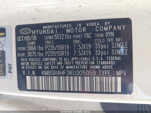 KM8SR4HF3KU305059 Hyundai Santa Fe Xl Limited Ultimate