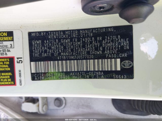 4T1B11HK7JU577020 Toyota CAMRY LE
