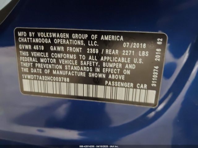 1VWDT7A32HC003788 Volkswagen Passat 1.8t R-line
