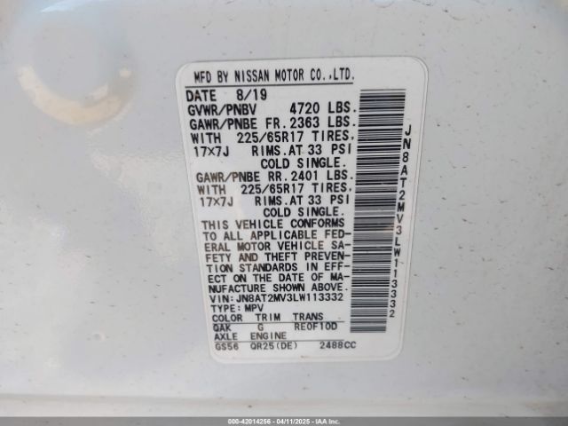 JN8AT2MV3LW113332 Nissan Rogue Sv Intelligent Awd
