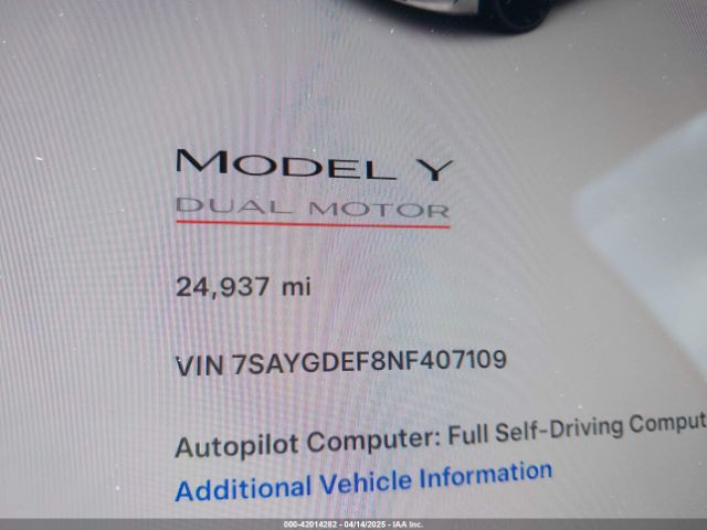 7SAYGDEF8NF407109 Tesla Model Y Performance Dual Motor All-wheel Drive