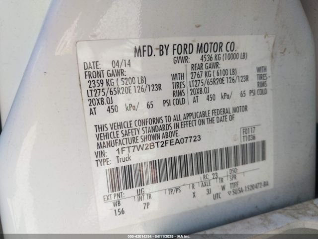 1FT7W2BT2FEA07723 Ford F-250 Lariat