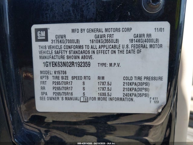 2002 CADILLAC ESCALADE 1GYEK63N02R192359 Photo 8