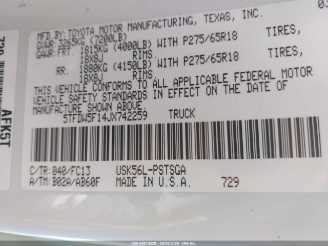5TFDW5F14JX742259 Toyota Tundra Sr5 5.7l V8