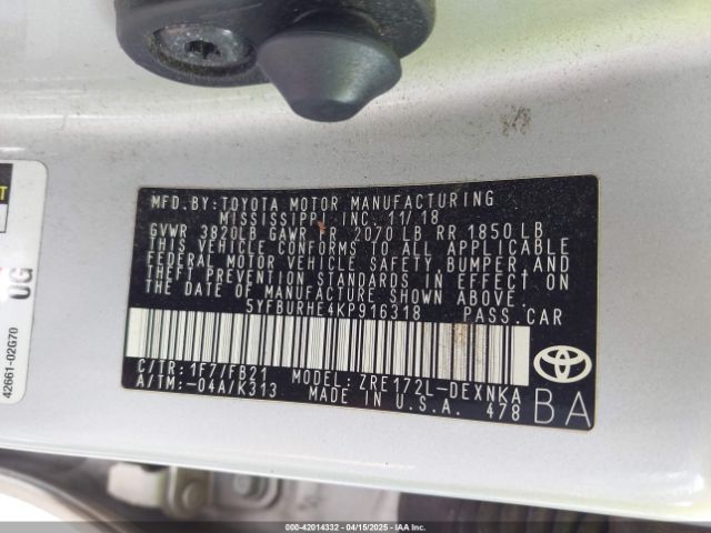 5YFBURHE4KP916318 Toyota COROLLA LE