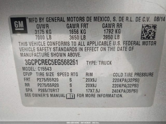 3GCPCREC5EG568261 Chevrolet Silverado 1500 1lt
