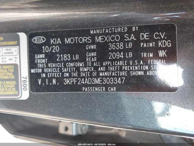 3KPF24AD3ME303347 KIA FORTE FE