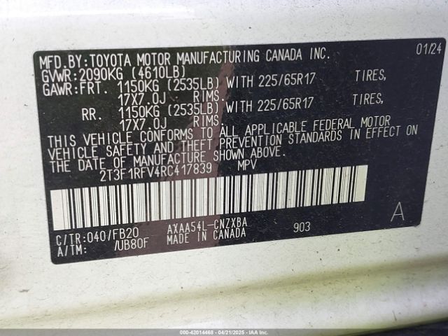 2T3F1RFV4RC417839 Toyota a25a-fks
