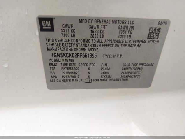 1GNSKCKC2FR651895 Chevrolet Tahoe Ltz