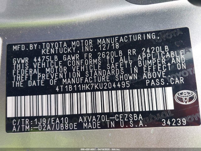 4T1B11HK7KU204495 Toyota CAMRY SE