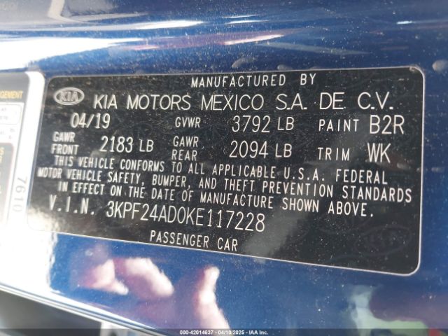 3KPF24AD0KE117228 KIA Forte Lxs