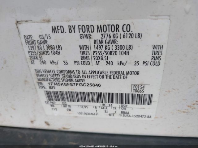 1FM5K8F87FGC25846 Ford Explorer Limited