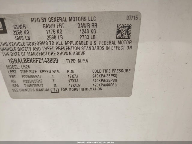 1GNALBEK6FZ143869 Chevrolet EQUINOX 1LT