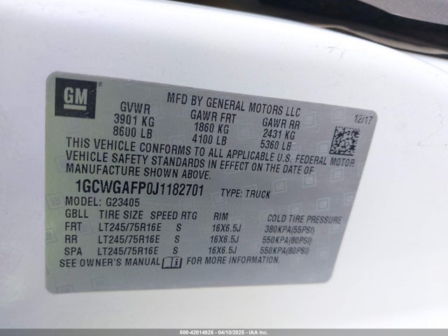 1GCWGAFP0J1182701 Chevrolet Express 2500 Work Van