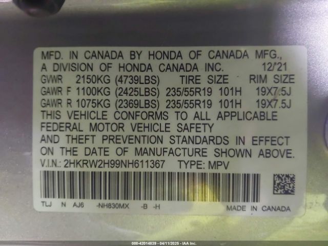 2HKRW2H99NH611367 Honda Cr-v Awd Touring