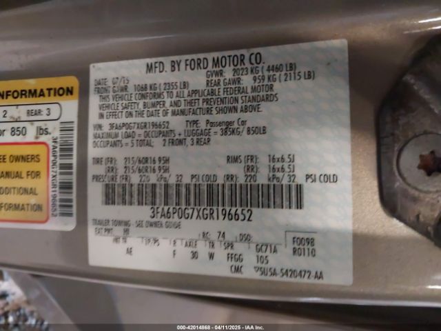 3FA6P0G7XGR196652 Ford FUSION S