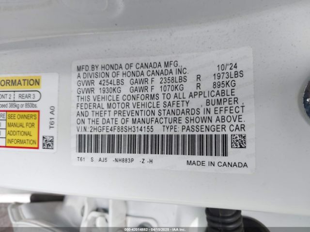 2HGFE4F88SH314155 Honda Civic  Hybrid Sport/sport Touring