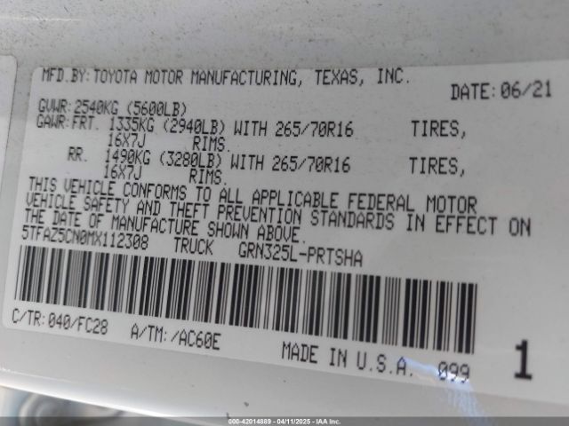 5TFAZ5CN0MX112308 Toyota Tacoma Sr5 V6