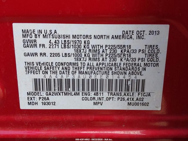 4A4AP3AU0EE014454 Mitsubishi Outlander Sport Es