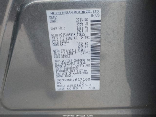 5N1DR2BN1LC617160 Nissan Pathfinder Sv 2wd