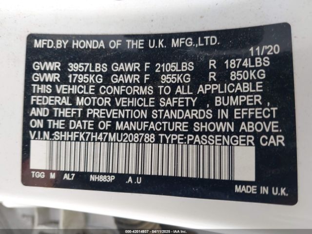 2021 HONDA CIVIC SHHFK7H47MU208788 Photo 8