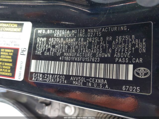 4T1BD1FK6FU157623 Toyota Camry Hybrid Le
