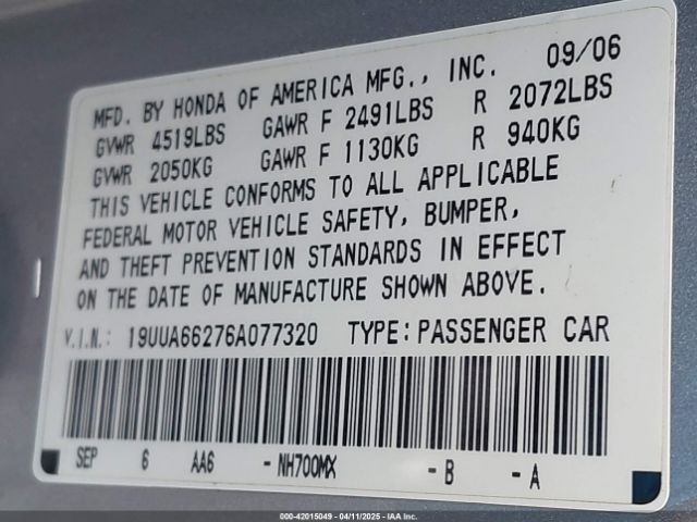 2006 ACURA TL 19UUA66276A077320 Photo 8