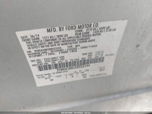 2FMGK5B85EBD33594 Ford FLEX SE